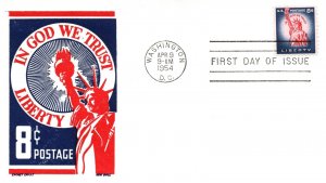 IN GOD WE TRUST 8c LIBERTY STAMP FDC ON CACHET BY KEN BOLL RED/Blue/White 1954