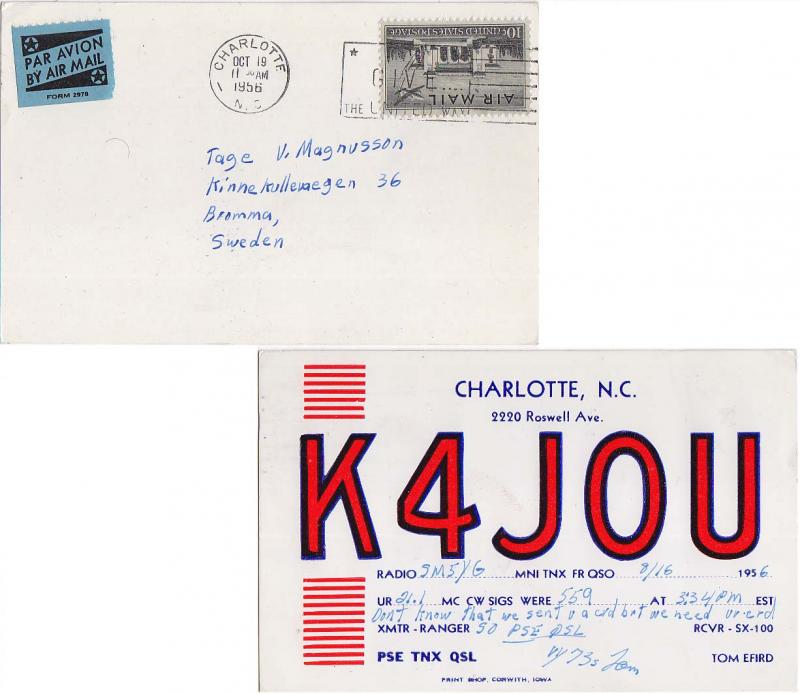  Airmail Issues 10c Plane Over Pan American Union 1956 Charlotte, N.C. QSL K4...