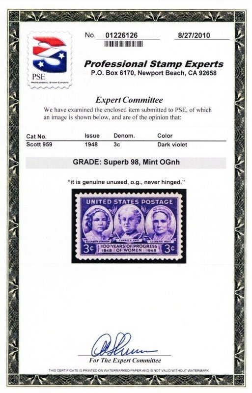 959, Mint NH 3¢ Superb With PSE Graded 98 Certificate * Stuart Katz