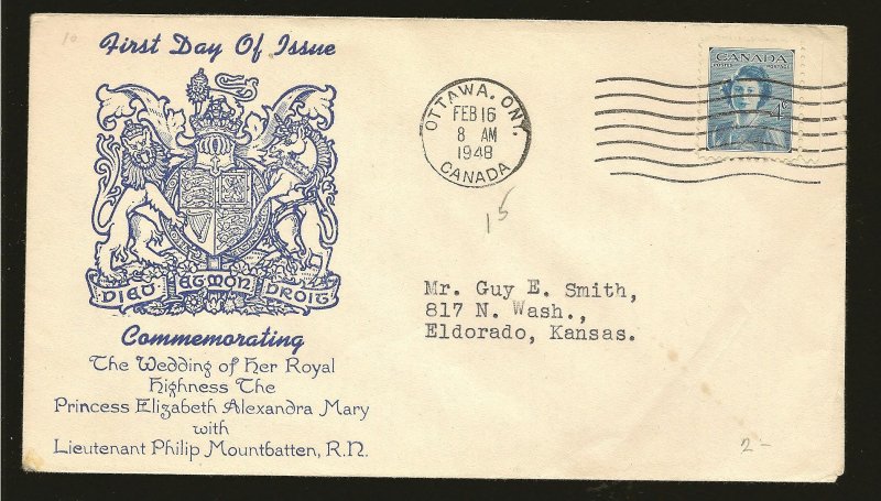 Canada SC#276 Royal Wedding 1948 Cachet First Day Cover