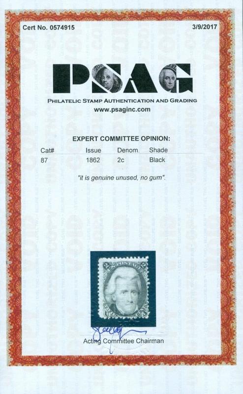 EDW1949SELL : USA 1862 Sc #87 Mint NG Sound stamp light grill PSAG Cert Cat $700