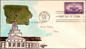 Scott 838 3 Cents Iowa Melissa Fox Hand Painted FDC Unique?