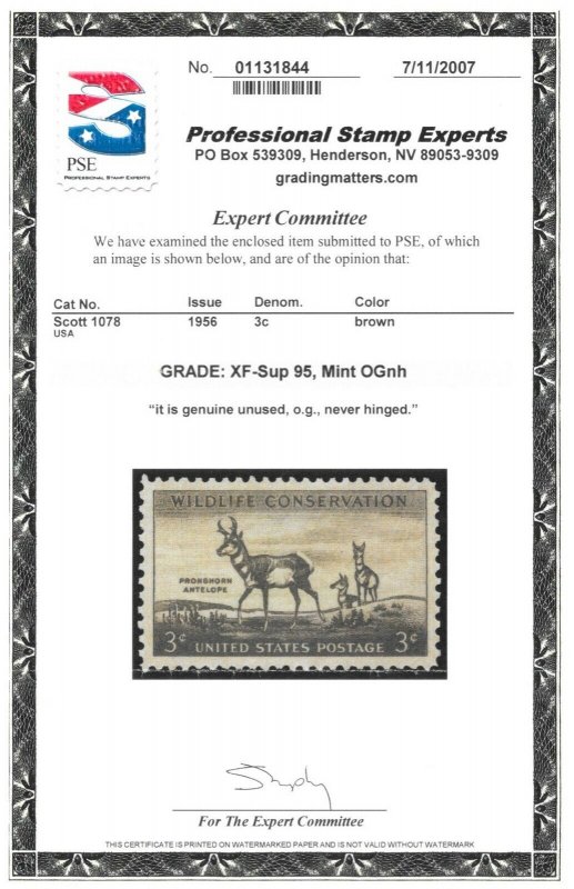 US SCOTT #1078 Graded XF-Superb 95, Mint OG NH 2007 PSE 1131844 SMQ $25