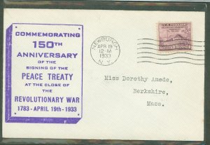 US 727 1933 3c Revolutionary War Peace Treaty 150th anniv on an addressed(typed) FDC from an unknown publisher