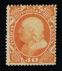 EXCEPTIONAL SCOTT #38 VF-XF MINT NG 1860 30¢ ORANGE PSE CERT 4 FULL MARGINS