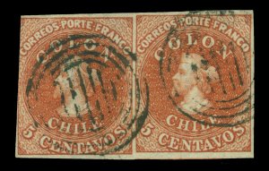 CHILE 1855 COLUMBUS 2d London (Perkins Bacon) 5c cream pp Sc# 8c PAIR wmk FC5-1