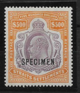 MALAYA STRAITS SETTLEMENTS SG169s 1906 $500 PURPLE & ORANGE SPECIMEN MTD MINT