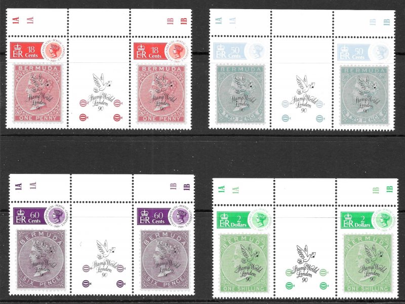 Bermuda Scott 594-597 MNH London Stamp World Plate Number Gutter Pairs of 1990