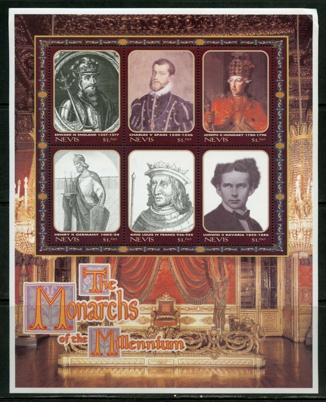 NEVIS  MONARCHS OF THE MILLENNIUM EDWARD III JOSEPH II LUDWIG II  SHEET MINT NH 