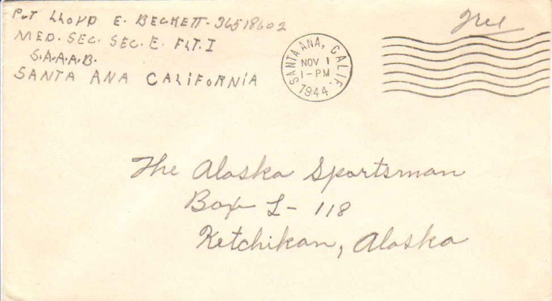 United States California Santa Ana 1944 machine  Soldiers Free Mail  Inscribe...