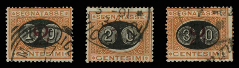 Italy, Postage Dues #J25-27 (Sass. 17-19) Cat€90, 1890-91 Surcharges, set o...