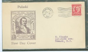 US 690 1931 2c General Pulaski Commemorative (single) on an addressed FDC with a Roessler cachet and a Pittsburgh cancel
