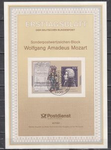 Germany, Scott cat. 1691. Composer Mozart s/sheet. First day Postal Bulletin.