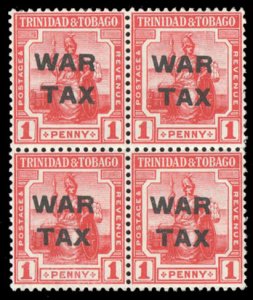 Trinidad and Tobago #MR7 Cat$32+ (for hinged), 1917 1p scarlet, block of four...