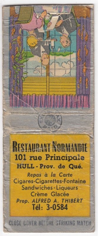 Canada Revenue 1/5¢ Excise Tax Matchbook RESTAURANT NORMANDIE Hull