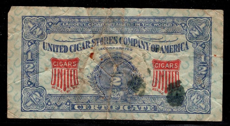 OAS-CNY ED-308 CINDERELLA STAMP - UNITED CIGAR STORES OF AMERICA 1/2 CERTIFICATE