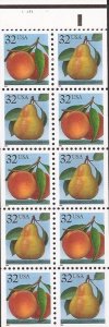 US Stamp - 1995 Peaches & Pears - 10 Stamp Booklet Pane - Scott #2488a