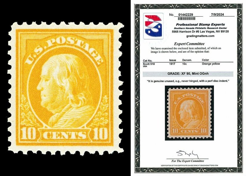 Scott 510 1917 10c Orange Yellow Franklin Mint Graded XF 90 NH with PSE CERT