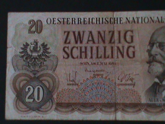 AUSTRIA-1956 AUSTRIAN NATIONAL BANK-$20 SCHILING-CIRCULATED-VF-68 YEARS OLD