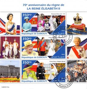 Djibouti 2022 CTO Sheet  Queen Elizabeth II 70th Anniversary 3 values (TS0005)