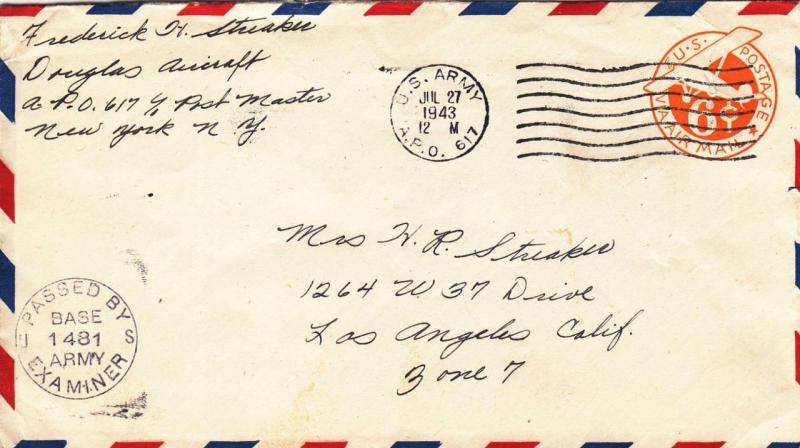 1943, APO 617, Gura, Eritrea to Los Angeles, CA, See Remark (M3075)