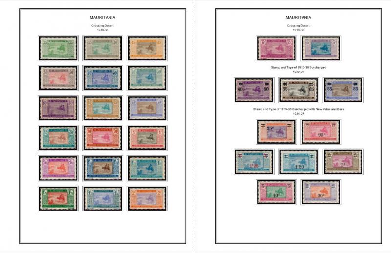 COLOR PRINTED MAURITANIA 1906-1944 STAMP ALBUM PAGES (15 illustrated pages)