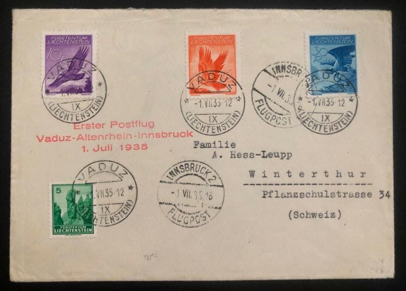 1935 Vaduz Lichtenstein First Flight cover FFC to Switzerland Sc#C9-10&12