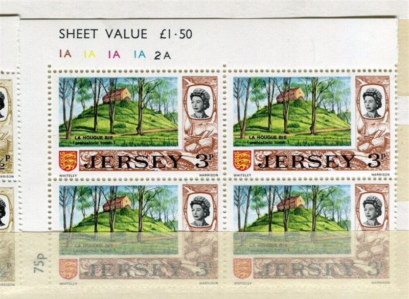 BRITAIN JERSEY; 1970s early QEII Pictorial issue MINT MNH 3p. CORNER BLOCK 4