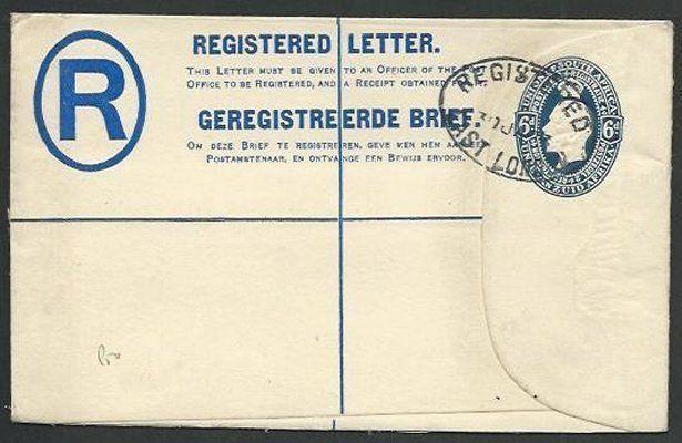 SOUTH AFRICA 1923 small 6d Registered envelope used to UK..................61068