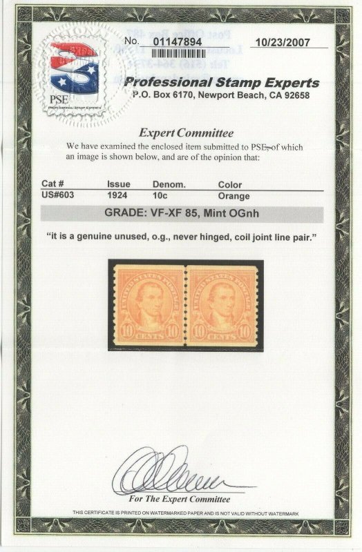 #603 Graded VF-XF 85 Mint OG NH Coil Joint Line Pair w/PSE Cert SMQ $70 (JH 8/6)