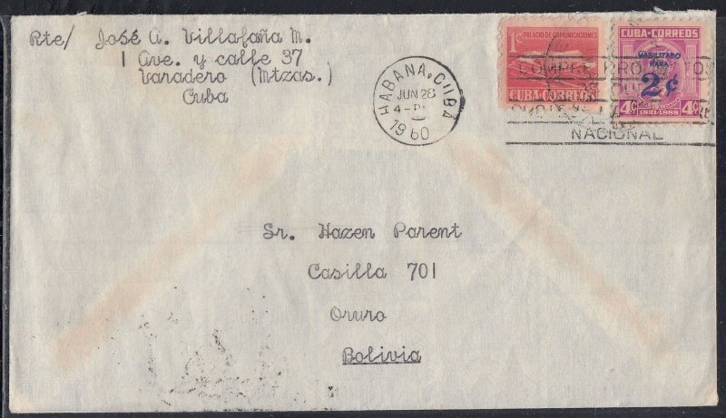 1Cuba - Jun 28, 1960 Cover to Bolivia