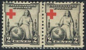 1931 2c Red Cross (702) pair with EXTREME WANDERING RED CROSS! full OGLH