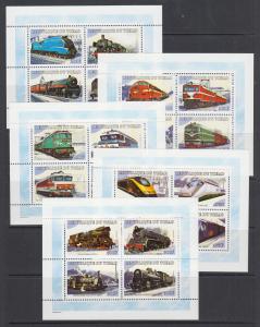Chad Sc 897-908 MNH. 2001 Trains, cplt set, 10 sheets of 4 plus 2 souv sheets VF