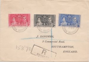 SOMALILAND PROTECTORATE registered FDC,  Bersheba, 13 May 1937 to England