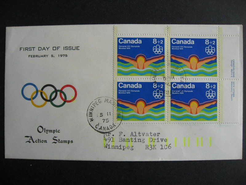 Canada Viking, Peters Enterprises cachet FDC Sc B4 Olympics plate block 4