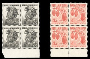 Papua New Guinea #139-140 Cat$33, 1958 3 1/2p and 4p, blocks of four, never h...