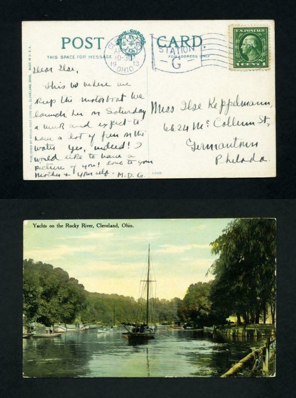 Picture Post Card of Yachts on the Rocky River, Cleveland, Ohio dated 4-25-1913