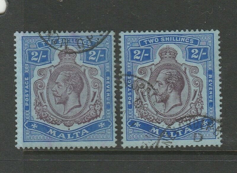 Malta 1914/21 GV Crown CA, 2/-  both listed shades FU SG 86 & 86g