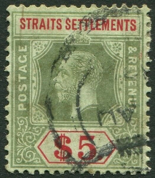 STRAITS SETTLEMENTS-1913 $5 Green & Red/Green white back Sg 212 faded AU V50204