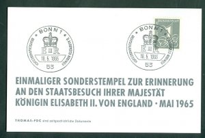 Germany Berlin. 1965. Card Spc. Cancel: Bonn. Queen Elizabeth II  Visit. Sc# 737