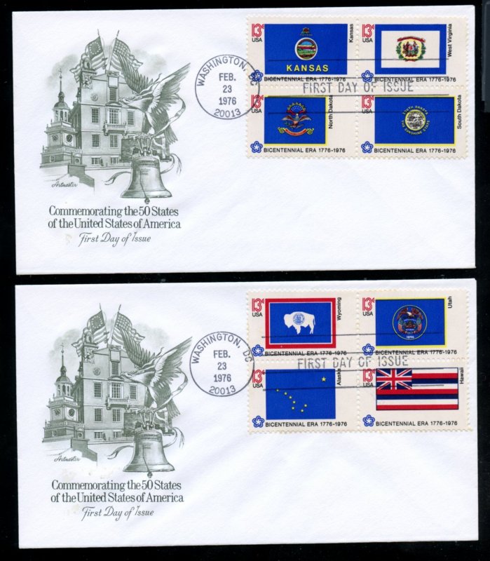 US 1633-1682 American Bicentennial Flags 10 Artmaster cachet FDC UA Blk PB strip