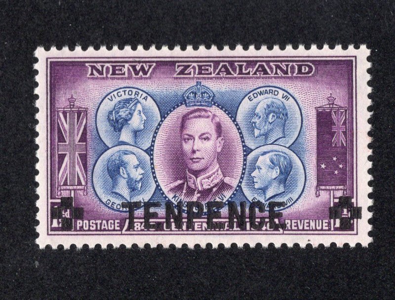 New Zealand 1944 10p on 1 1/2p bright violet & ultramarine Surcharge, Scott 246