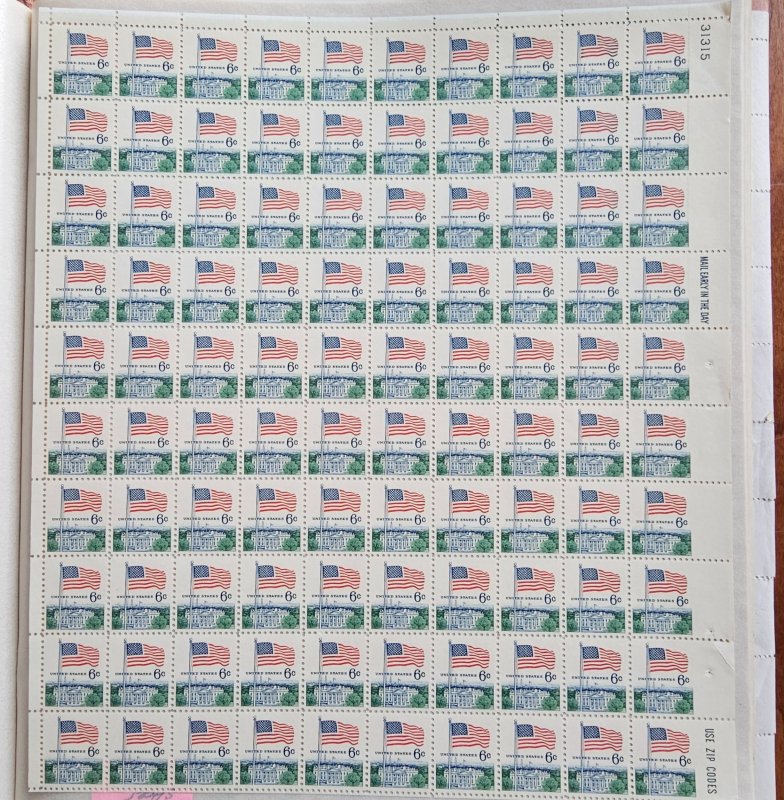 U.S. Scott #1338 Flag Over Whitehouse 6 Cent Sheet of 100 EFO ERROR NO EDGE PERF