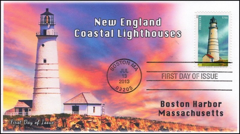 AO-4793-2, 2013, New England Lighthouses, FDC, Add-on Cachet, Standard Postmark, 