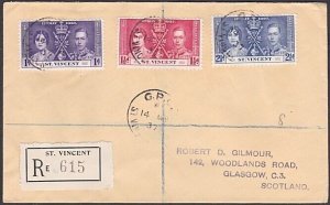 ST VINCENT  1937 Coronation set on registered cover to UK..................a3771