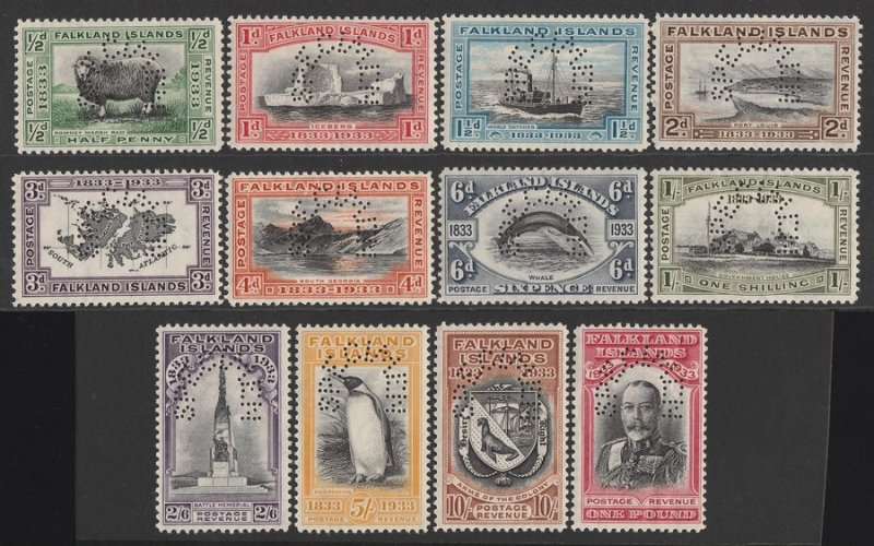 FALKLAND ISLANDS : 1933 Centenary set ½d - £1, perf SPECIMEN. MNH **. Key set.