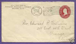 U411  MILFORD, MASS. - 1909  WILLIAMS ET AL CORNER, US POSTAL HISTORY COVER