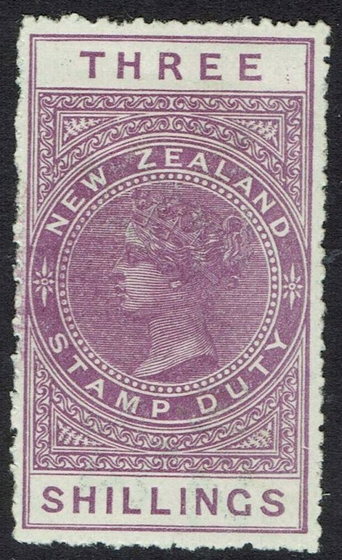 NEW ZEALAND 1882 QV STAMP DUTY 3/- WMK SINGLE STAR NZ PERF 14.5 - 14 POSTAL FISC