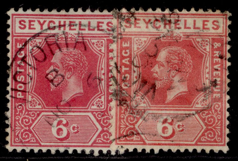 SEYCHELLES GV SG85 + 85a, 6c SHADE VARIETIES, FINE USED.