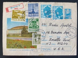 1969 Bucarest Romania Airmail Registered Stationery cover To Roselle Park NJ Usa